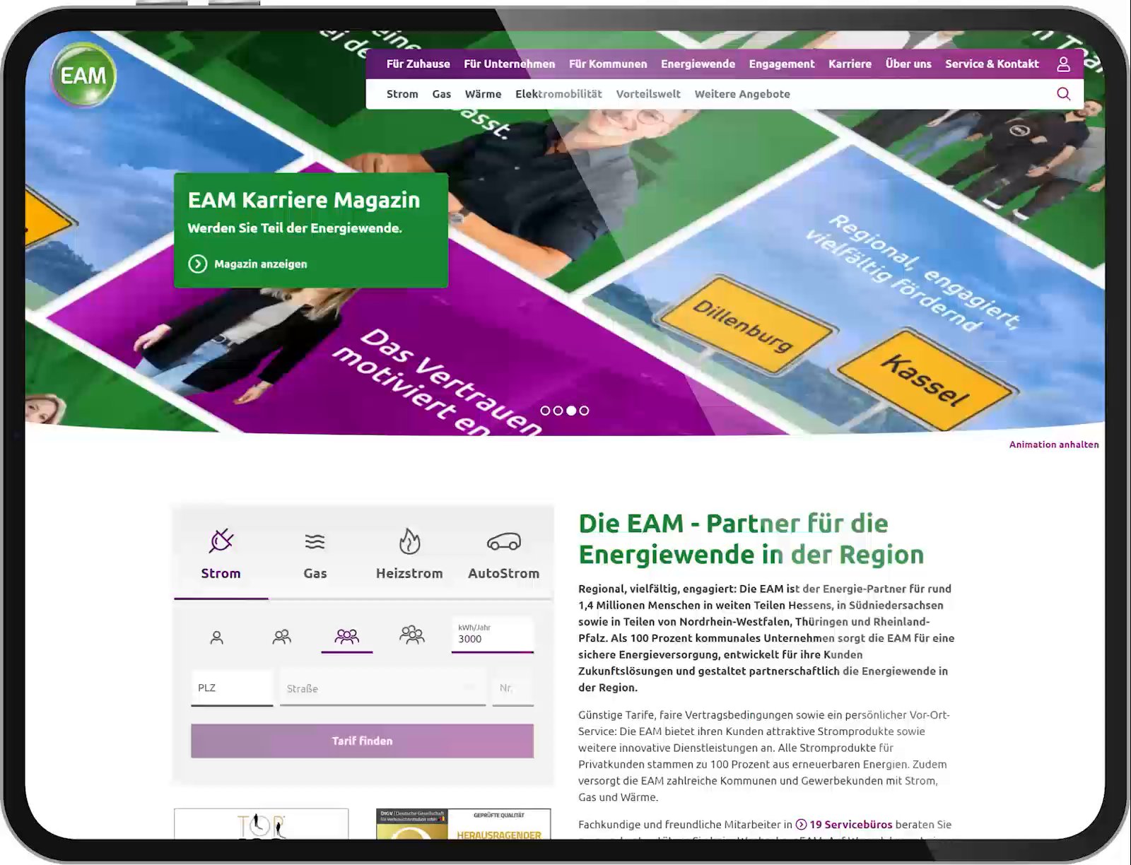 Website-Mockup der EAM-Homepage mit Navigation, Karrieremagazin-Box und einem Formular zur Tarifsuche für Strom, Gas, Heizstrom und AutoStrom.