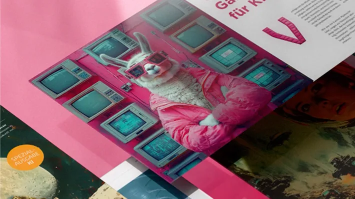 Ein Print-Mockup mit einem Lama in pinker Jacke und 3D-Brille vor Monitoren, daneben ein Flyer mit der Aufschrift "Spezial Ausgabe KI".