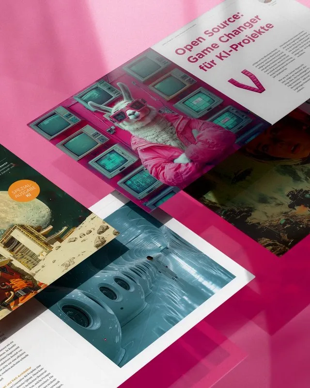 Ein Print-Mockup mit einem Lama in pinker Jacke und 3D-Brille vor Monitoren, daneben ein Flyer mit der Aufschrift "Spezial Ausgabe KI".